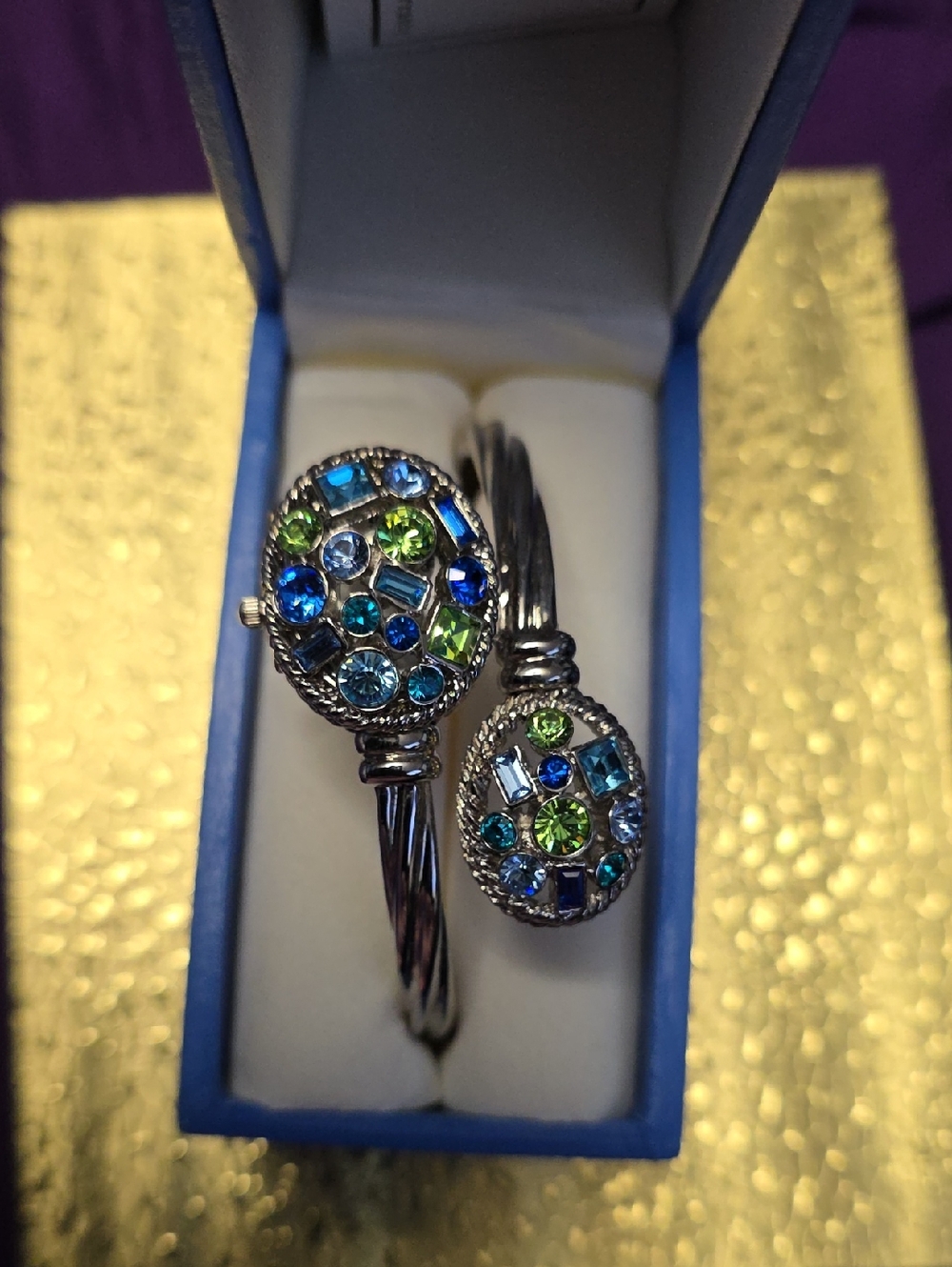 Sparkling Blue & Green Crystal Cable Cuff Bracelet Watch